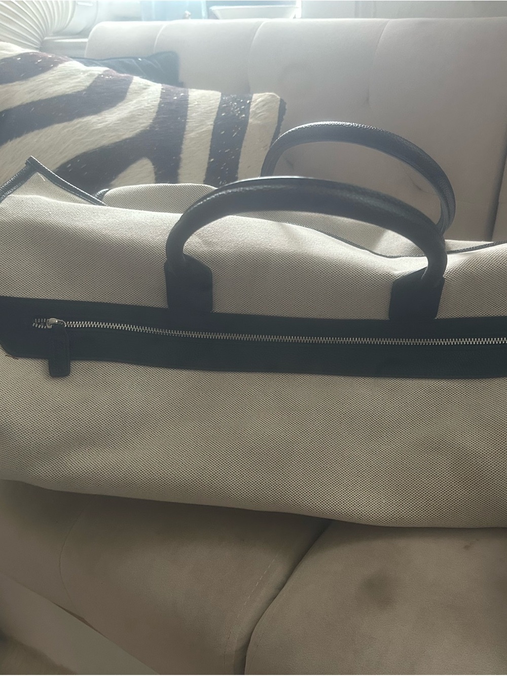 Beige Canvas Duffel Bag with Black Trim - Travel Weekender